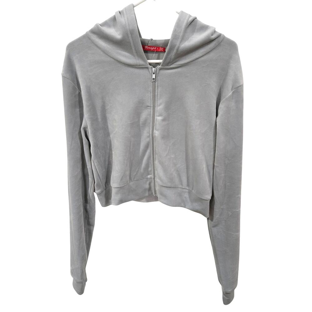 Roma Concept Size Large Women's Cropped Gray Velour Zip Hoodie